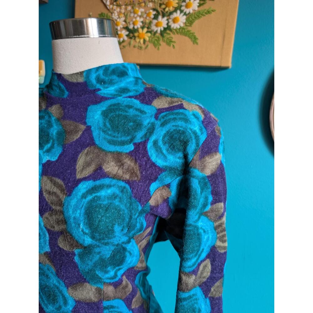 Vintage 80s Blue Floral Dress | Long Sleeve Midi | Bold Retro Statement - Picture 2 of 6